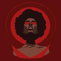 un moderno africano mujer en retro rojo lentes y joyas. un pelo rizado afroamericano mujer mira a usted con lentes en un rojo antecedentes. vector ilustración de un hermosa fuerte mujer. diablo