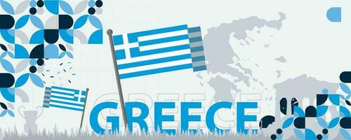 greece independence day banner with greek flag colors theme background and geometric abstract retro modern design. Multiple landscapes of greece, celebration of independence day. vector