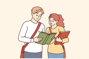 Happy students with book get ready for school exam or lesson. Smiling millennial people with textbooks before class in college. Vector illustration.