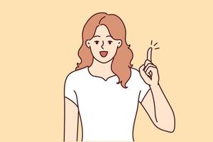 Smiling young woman hold finger up develop good idea. Happy motivated female generate issue solve problem. Vector illustration.