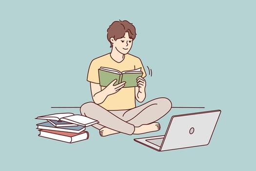 Guy sit on floor study on compute read textbooks prepare for exam. Focused male student enjoy books reading use computer for school preparation. Vector illustration.