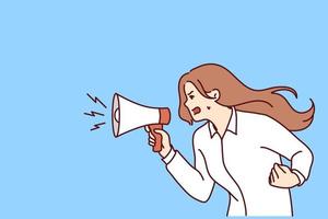 Furious young woman hold megaphone scream loud. Angry girl shout in loudspeaker make announcement lose control. Vector illustration.