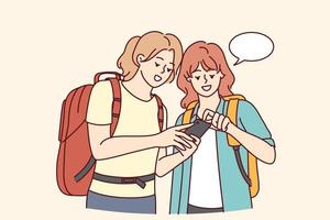 Happy girls travelers with backpacks looking at map on smartphone. Smiling female tourists using cellphone GPS in trip. Travel and technology. Vector illustration.