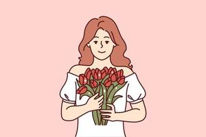 Portrait of smiling woman holding flowers in hands. Happy girl with bouquet feeling happy celebrating birthday anniversary. Vector illustration.