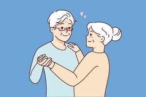 Happy elderly couple dancing together. Smiling mature man and woman enjoy romance and joyful calm retirement. Love and relationships. Vector illustration.