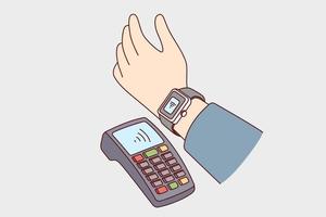 Person pay with smartwatch on bank terminal in shop. Modern man make transaction with smart watch in store. Banking and payment. Vector illustration.