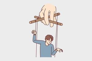 Hand holding man on ropes manipulating steps and actions. Puppeteer control unhappy guy. Manipulation and lack of freedom. Vector illustration.