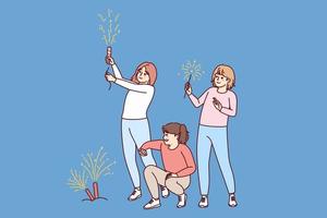 Happy children have fun throwing fireworks outdoors. Smiling girls kids celebrate with festive illuminations. Vector illustration.