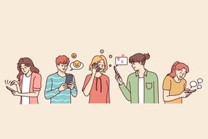 Diverse people using modern mobile phones chatting and texting online. Men and women with smartphones messaging on internet or social media. Vector illustration.