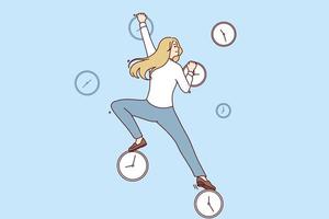 Purposeful woman freelancer climbs up clock wanting to get work done and meet tough deadlines on time. Freelancer is engaged in time management to complete orders and get satisfied customers vector