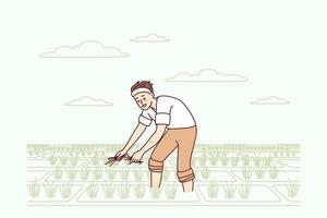 Young man working in field in countryside. Male farmer busy in cropland on harvest season. Agriculture and farming. Vector illustration.