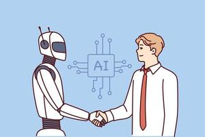 Man shakes hands with robot as sign of friendship between humans and artificial intelligence AI. Concept developing technologies equipped with artificial intelligence and neuron networks vector