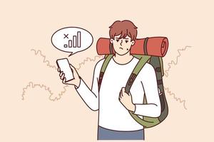 Lost traveler with backpack on back is looking for mobile network to find way home. Guy tourist got lost in forest and was sad when learned about lack of communication or bad GPS signal vector