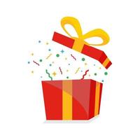 caja de regalo roja sorpresa, celebración de cumpleaños, paquete de regalo especial, recompensa del programa de fidelidad, regalo maravilloso con signo de exclamación, icono vectorial, ilustración plana vector