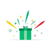 surprise green gift box, birthday celebration, special give away package, loyalty program reward, wonder gift with exclamation mark, vector icon, flat illustration