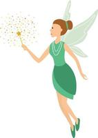 Cute green fairy in flight with a magic wand vector