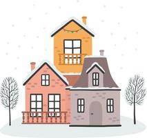 Christmas card with houses, happy holidays. vector