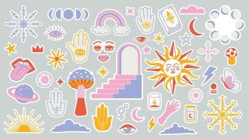 Magic background groovy in retro trend style with clipart elements. Decorative mystical vector isolated pattern. clipart stickers. Esoteric element witchcraft. Collection of occult symbols y2k