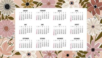 Calendar 2023 with 12 months. Sunday week start annual calendar. Single page calendar template with hand drawn boho plants and flowers. vector illustration