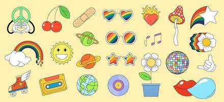 Retro groovy element set. Psychedelic hippie cartoon badge collection. Vintage hippy crazy various elements sticker pack. Abstract 60s, 70s, 80s trendy y2k pop culture style design vector illustration