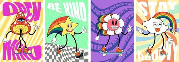 Retro groovy art poster set with characters. Fly agaric mushroom, star, daisy flower and cloud with rainbow mascots on crazy vintage hippie banners. Trendy psychedelic y2k style abstract vector design