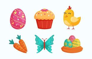 Happy Easter design element with eggs, cupcake, chicken, carrot and butterfly. Festival and cultural holiday concept. vector