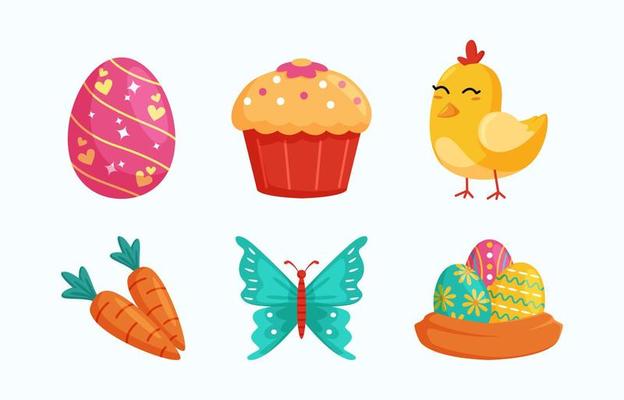 Happy Easter design element with eggs, cupcake, chicken, carrot and butterfly. Festival and cultural holiday concept.