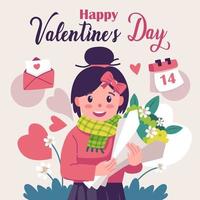 San Valentín día diseño de un contento niña participación un manojo de flores contento aniversario antecedentes. vector