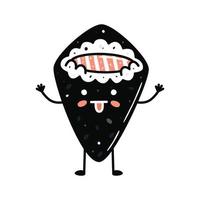 Kawaii sushi mascot in cartoon style. Cute temaki with salmon for menu vector