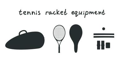 Flat vector silhouette illustration. Hand drawn tennis equipment, racket, bag, grip, protection