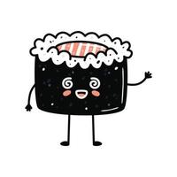 Kawaii sushi mascot in cartoon style. Cute maki with salmon for menu vector
