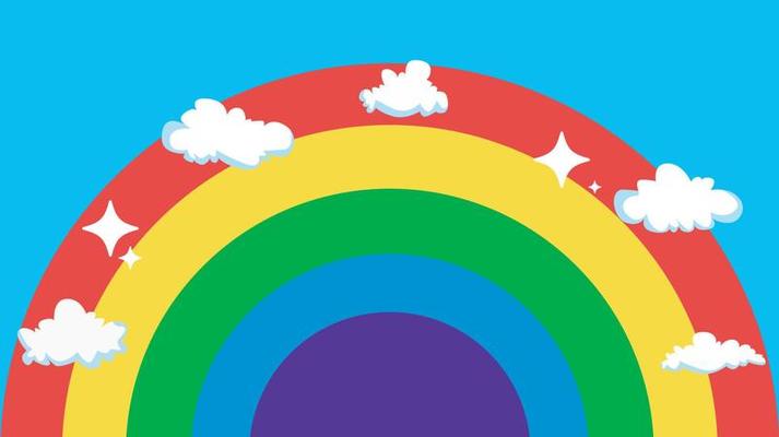 vector children's playground background with beautiful rainbow, and grass and airplane, flowers and clear sky. for children's education