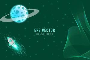Green turquoise or teal planets in outer space with satellites, falling meteor and asteroids in dark starry sky. Galaxy, cosmos, universe futuristic fantasy vector