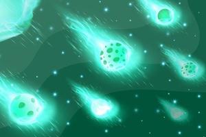 Green turquoise or teal planets in outer space with satellites, falling meteor and asteroids in dark starry sky. Galaxy, cosmos, universe futuristic fantasy vector