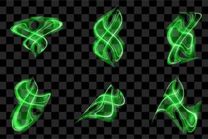 Set of Green Abstract Isolated Transparent Wave Lines for Black Background. Kit of Design Elements Smooth Wavy Vertical Curved Lines. vector