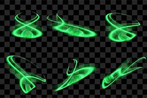 Set of Green Abstract Isolated Transparent Wave Lines for Black Background. Kit of Design Elements Smooth Wavy Vertical Curved Lines. vector