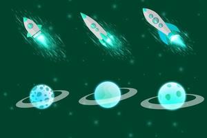 Green turquoise or teal planets in outer space with satellites, falling meteor and asteroids in dark starry sky. Galaxy, cosmos, universe futuristic fantasy vector
