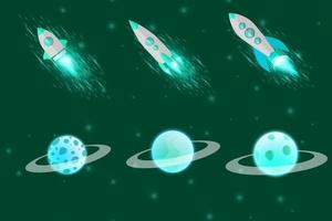 Green turquoise or teal planets in outer space with satellites, falling meteor and asteroids in dark starry sky. Galaxy, cosmos, universe futuristic fantasy vector