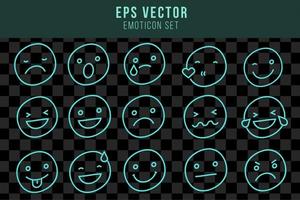 Vector green turquoise neon icon set for mood tracker. Ten scale of color lamp glowing emotion smiles from dissappoited to happy isolated on black. Emoticon element of UI design for client rating, fee