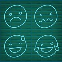 Vector green turquoise neon icon set for mood tracker. Ten scale of color lamp glowing emotion smiles from dissappoited to happy isolated on black. Emoticon element of UI design for client rating, fee