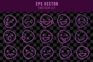 Neon illustration of purple emoji. Vector icon of cartoon enamored emoji with heart eyes and smile in outline neon style, purple and violet colors. Glowing emoticon with backlight