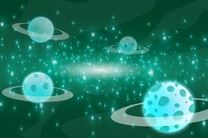 Green turquoise or teal planets in outer space with satellites, falling meteor and asteroids in dark starry sky. Galaxy, cosmos, universe futuristic fantasy vector