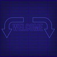 Blue arrow, direction or pointer, simple icon. Orange neon style on wall background. Light linear icon with editable stroke vector