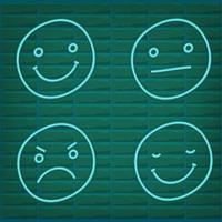 Vector green turquoise neon icon set for mood tracker. Ten scale of color lamp glowing emotion smiles from dissappoited to happy isolated on black. Emoticon element of UI design for client rating, fee