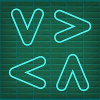 green turquoise or teal vector neon arrow icon on a brick wall background close-up. Bright design element