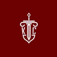 KC initial logo monogram design for legal lawyer vector image with sword and shield