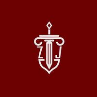 zj inicial logo monograma diseño para legal abogado vector imagen con espada y proteger