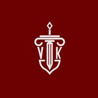 VK initial logo monogram design for legal lawyer vector image with sword and shield