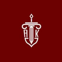 AK initial logo monogram design for legal lawyer vector image with sword and shield