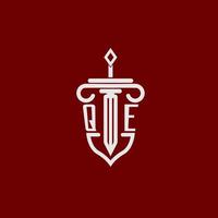 qe inicial logo monograma diseño para legal abogado vector imagen con espada y proteger